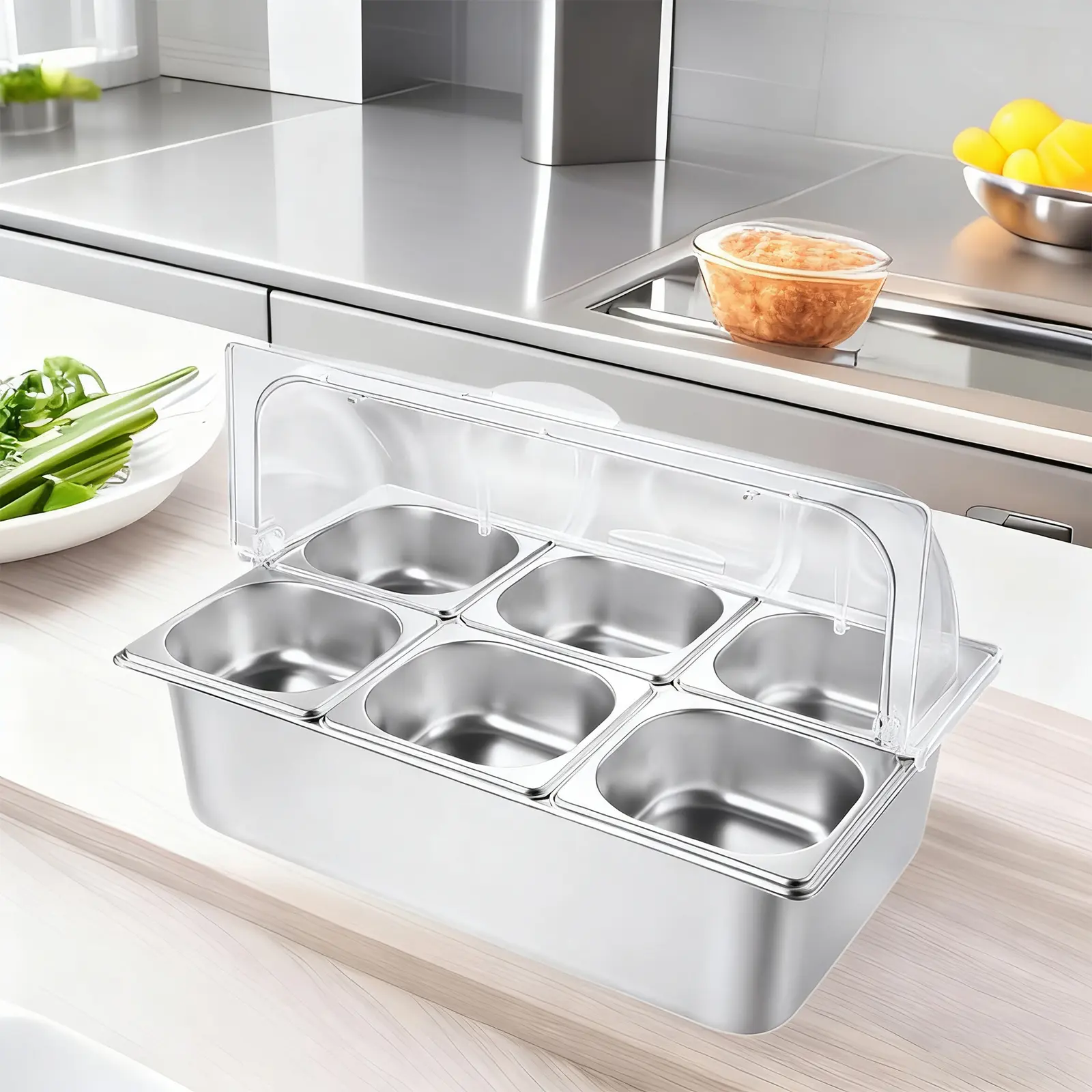 6-Pan Sturdy Stainless Steel Ice-Cooled Food Serving Display Container with Insulation, Clear Roll-Top Lid, Dispenser Function, Indoor Countertop Rack for Restaurant, Party
