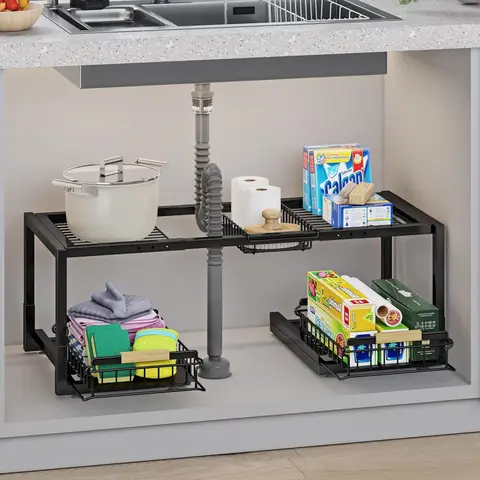 2-Tier Expandable Adjustable Size Under Sink Pull-Out Organizer with Sliding Drawers, Rust-Proof Iron Rack with Foot Pads for Tall Bottles, Easy Organization for Kitchen & Laundry Room (27.16-31.99"d x 14.17"w x 11.22"h)