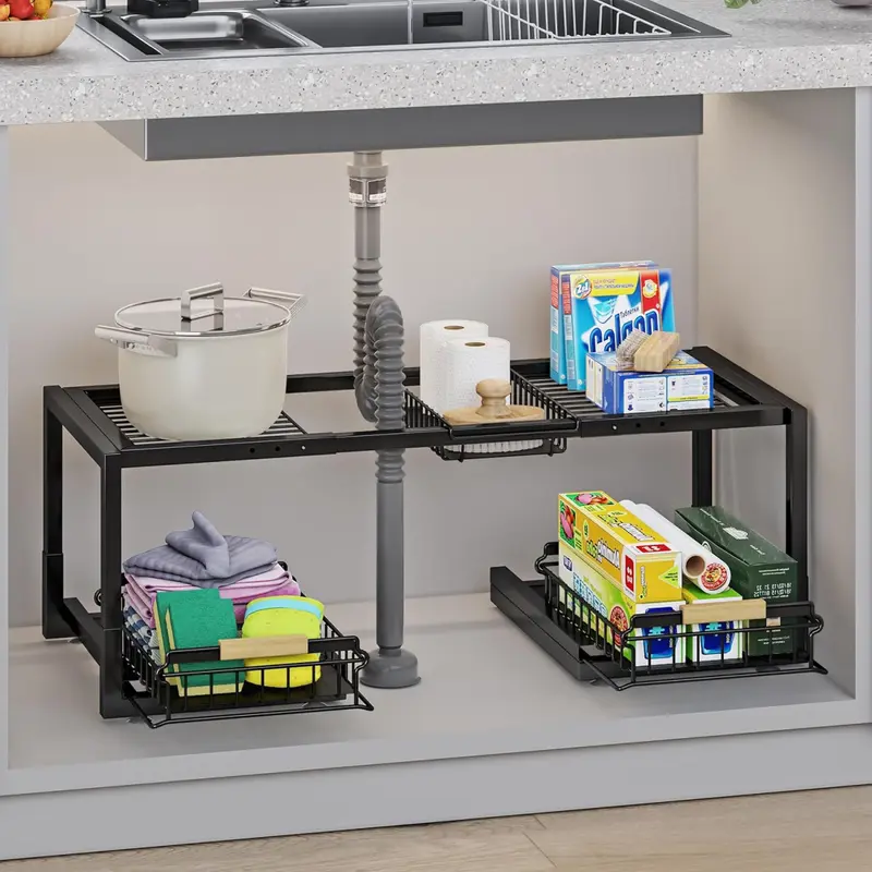 2-Tier Expandable Adjustable Size Under Sink Pull-Out Organizer with Sliding Drawers, Rust-Proof Iron Rack with Foot Pads for Tall Bottles, Easy Organization for Kitchen & Laundry Room (27.16-31.99"d x 14.17"w x 11.22"h)
