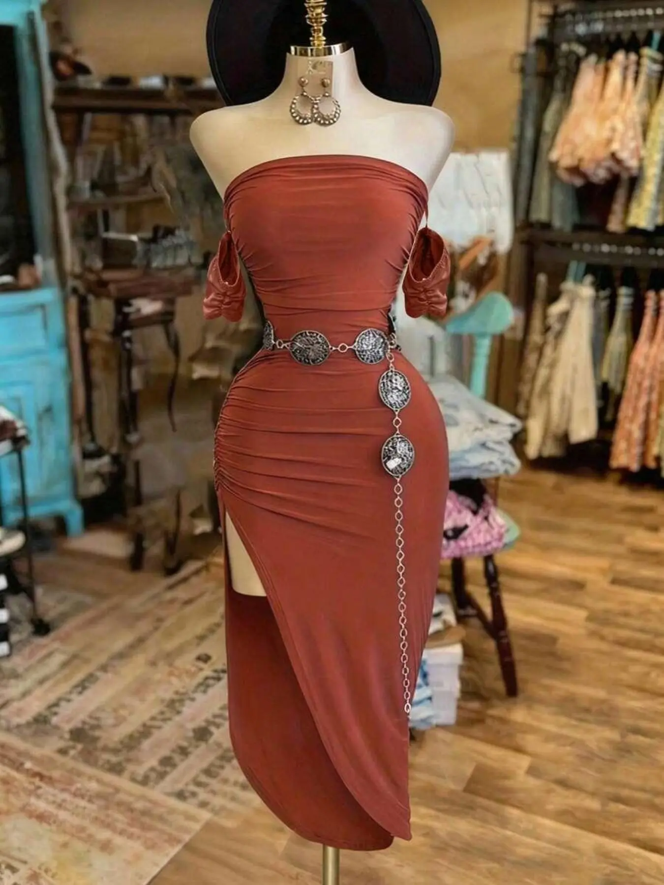 Women's Sexy Formal Dress, Womenswear Fashion Vacation Style, Simple Solid Color, Off-Shoulder Ruched High Slit Dress, No Belt, Elegance Elegant and Chic, Fit