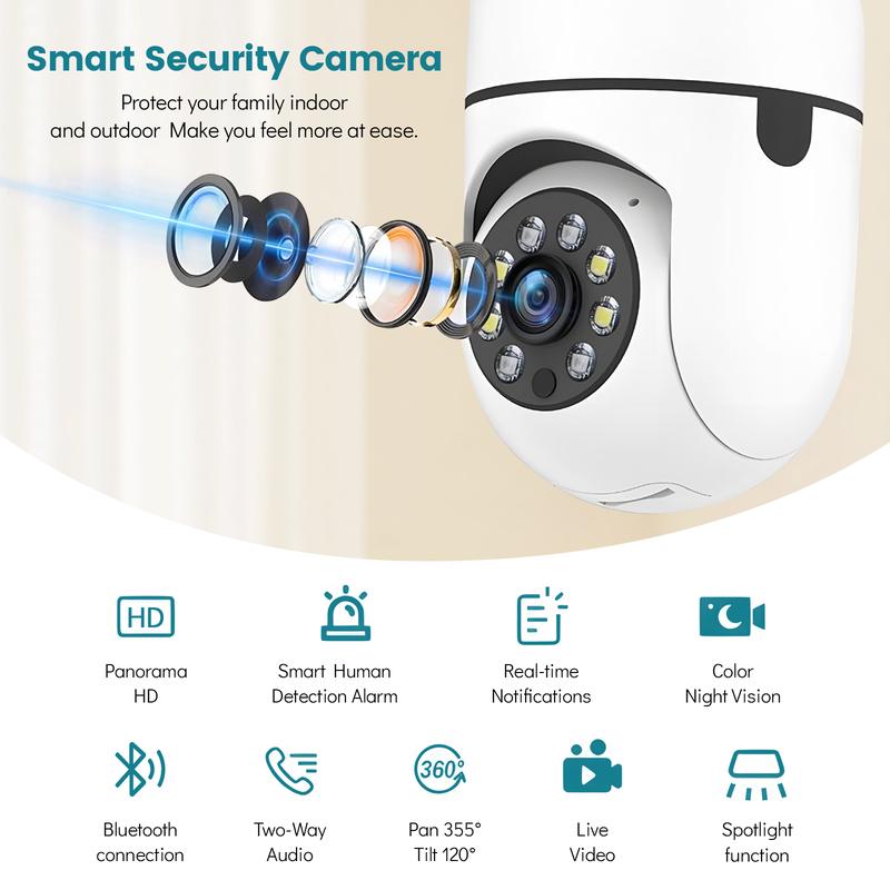 PBSEV Indoor Cameras for Home Security,3MP Full HD Smart Al E27 Light Bulb Camera,360°PTZ&2.4GHz WiFi Wireless Security system with Motion Detection,Two-Way Audio,Easy Install&Support TF/cloud storage
