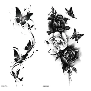 2 Sheets Paper Temporary Tattoos, Butterfly & Rose Flower Style Waterproof Tattoos, Floral Design Sweatproof Body Art for Arms Chest Thighs Ankle Belly Sticker