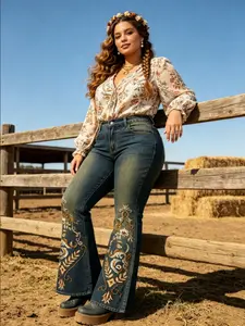 Vintage Embroidered Flare Jeans High Waist Slimming Washed Blue Western Boho Floral Embroidery Pants 2026 New Y2K Aesthetic Women's Jeans Music Festival Vacation Daily Casual Streetwear Date Outfit Trousers