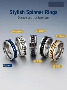 5pcs Spinner Chain Ring Set✨Titanium Steel | 5 Color Choices | Rotatable for Stress Relief | Perfect for Daily, Office & Casual Wear