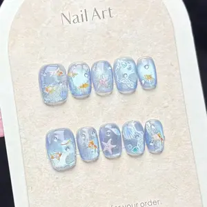 10pcs Cute Light Blue Cat Eye Press on Nails, Summer Beach Decor, Glittering Fake Nails, Removable Reusable Manicure, Daily & Vacation Wear for Ladies