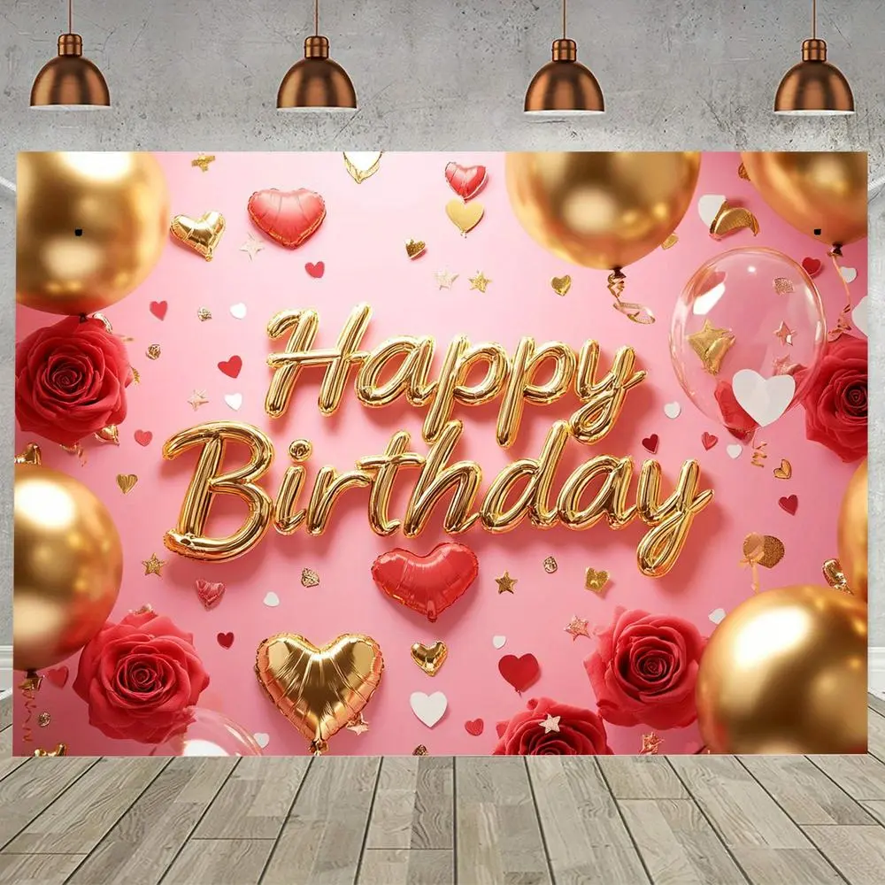 1pc Polyester 2D Flat Happy Birthday Decorative Banner - Shimmer Wall Backdrop, Vibrant Pink Print, Golden Balloons, Hearts & Roses, Heart Balloon Festive Party Supplies for Classroom, Photo Booth, Heart Balloon Festive Backdrops & Banners