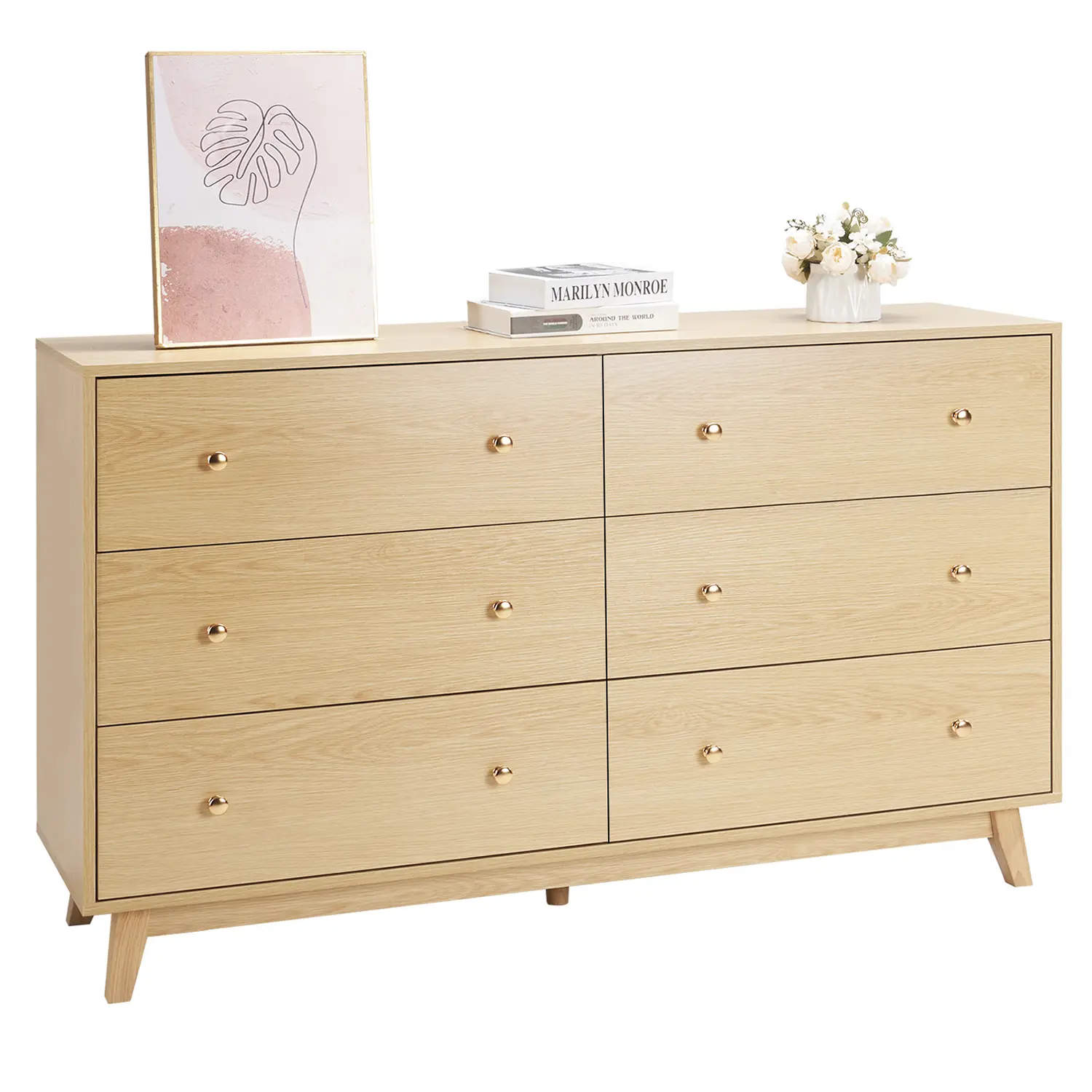 VEVOR 6 Drawer Dresser,  Wooden Chest of Drawers with Sliding with Anti-tip Device, Modern Minimalist Dresser Chest, Closet Storage Organizer for Living Room, Hallway, Bedroom, Entryway, Light Wood