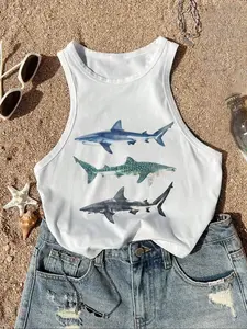 Women's Sexy Casual Tube Top Crop Shirt, Ocean Element Print, Hawaiian Style, Women's Slim Fit Three Sharks Printed Round Neck Backless Blouse
