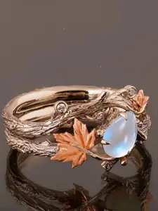Vintage Maple Leaf Moonstone Ring, Retro European Court Index Finger Ring, Antique Old Money Style, Elegant Jewelry Accessory