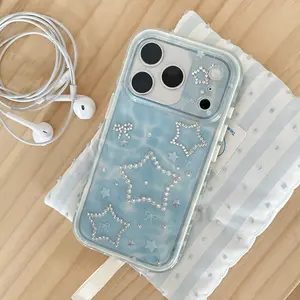 Starry Rhinestone Decorative Phone Case, Low Saturation Light Color Block Design, Durable Protection for iPhone Series, Fashionable Daily Use, Accessories