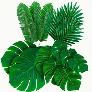 Palm Leaves Artificial Tropical Monstera-20Pcs 5 Kinds Large Small Green Fake Palm Leaf with Stems for Safari Jungle Hawaiian Luau Party Table Decoration Wedding Birthday Theme Party