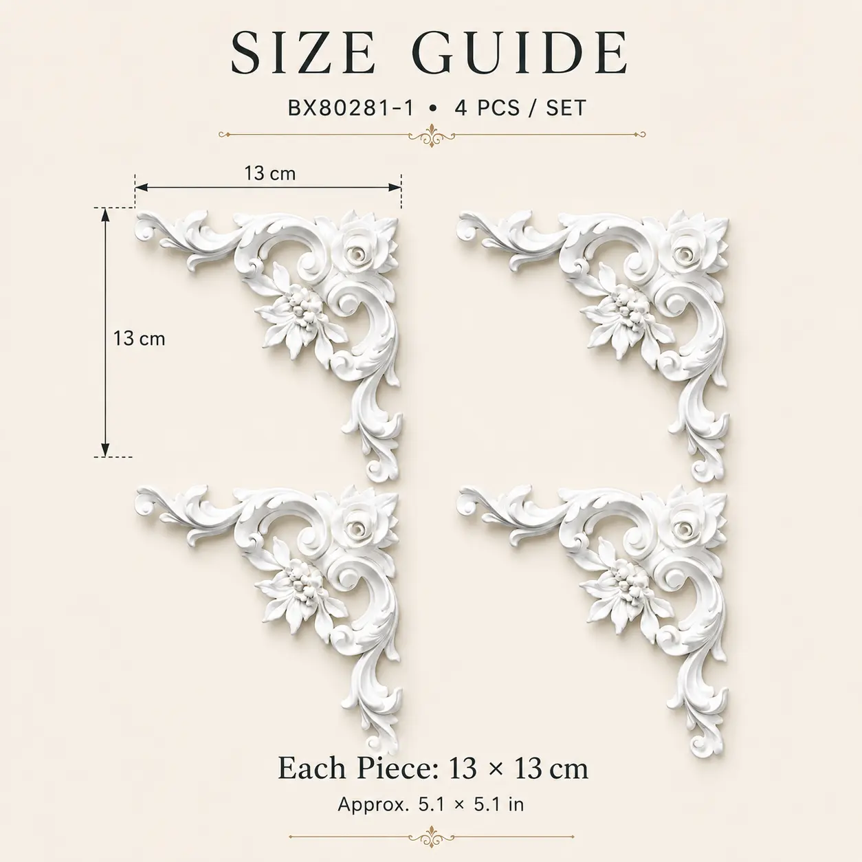 4PCS PU Decorative Corner Appliques, 5.1" x 5.1" Paintable ,Walls and Furniture DIY Decor European-Style Wooden Carved Corner Onlay Applique Set,Exquisite Carving Door Decor for Cabinets,French-style furniture Automotive Doors
