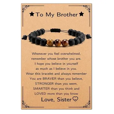 Tiger Eye Agate Bead Bracelet with Black Rope, Adjustable Rope Clasp, Lightweight, Adults' Mens Christmas Gift - Fits 6.3-11 in (6.3-11 inches) for Brother from Sister