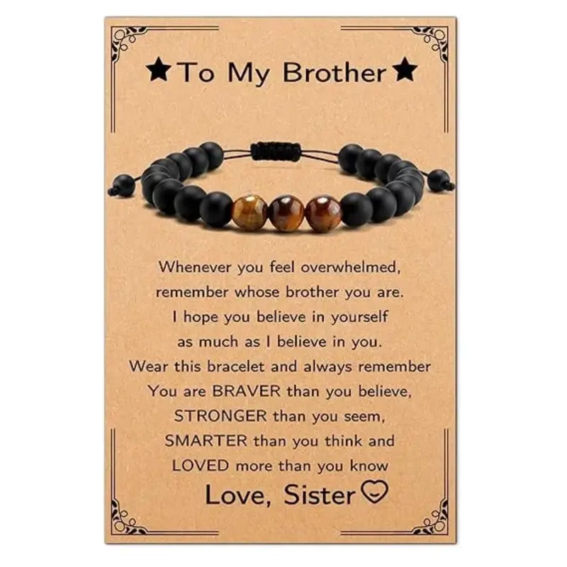 Tiger Eye Agate Bead Bracelet with Black Rope, Adjustable Rope Clasp, Lightweight, Adults' Mens Christmas Gift - Fits 6.3-11 in (6.3-11 inches) for Brother from Sister