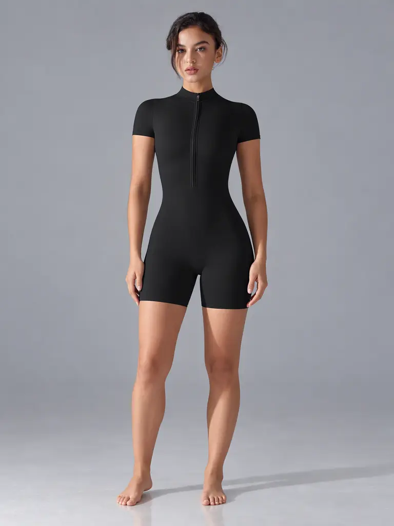 Soft Stretch Fabric Moisture-Wicking Quick-drying breathable Zipper short-sleeved shorts yoga jumpsuit dance fitness tight gym jumpsuit workout Apparel for women Stretchable Activewear weight loss pilates gymgirls gym workout sets for women