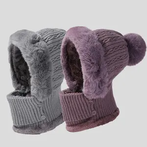 3 in 1 Winter Hat, Scarf and Mask Set - Comfortable Knitted Hat with Ears, Windproof and Warm Hooded Neck Gaiter for Outdoor CyclingGift