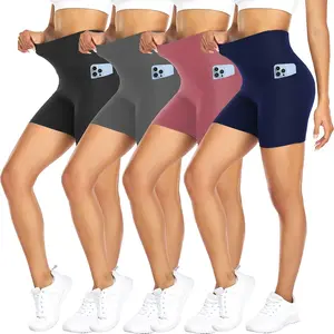 4 Pack Biker Shorts for Women with Pockets – 5" High Waisted Tummy Control Workout Yoga Running Gym Tennis Shorts no front seam leggings seamless built in bikershorts