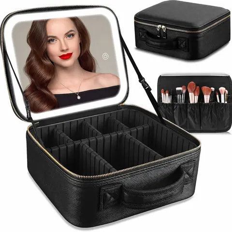 Travel Makeup Bag With LED Mirror, Cosmetic Train Case with Light up Mirror, Portable Makeup Artist Organizer Bag with Adjustable Dividers