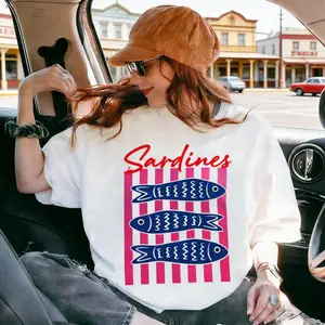 Camiseta Feminina Algodão Blusão Estampa Sardinha Sardines,Retro Sardines Striped Graphic Oversized woman T-Shirt, Cute Vintage Fish Print Casual Tee