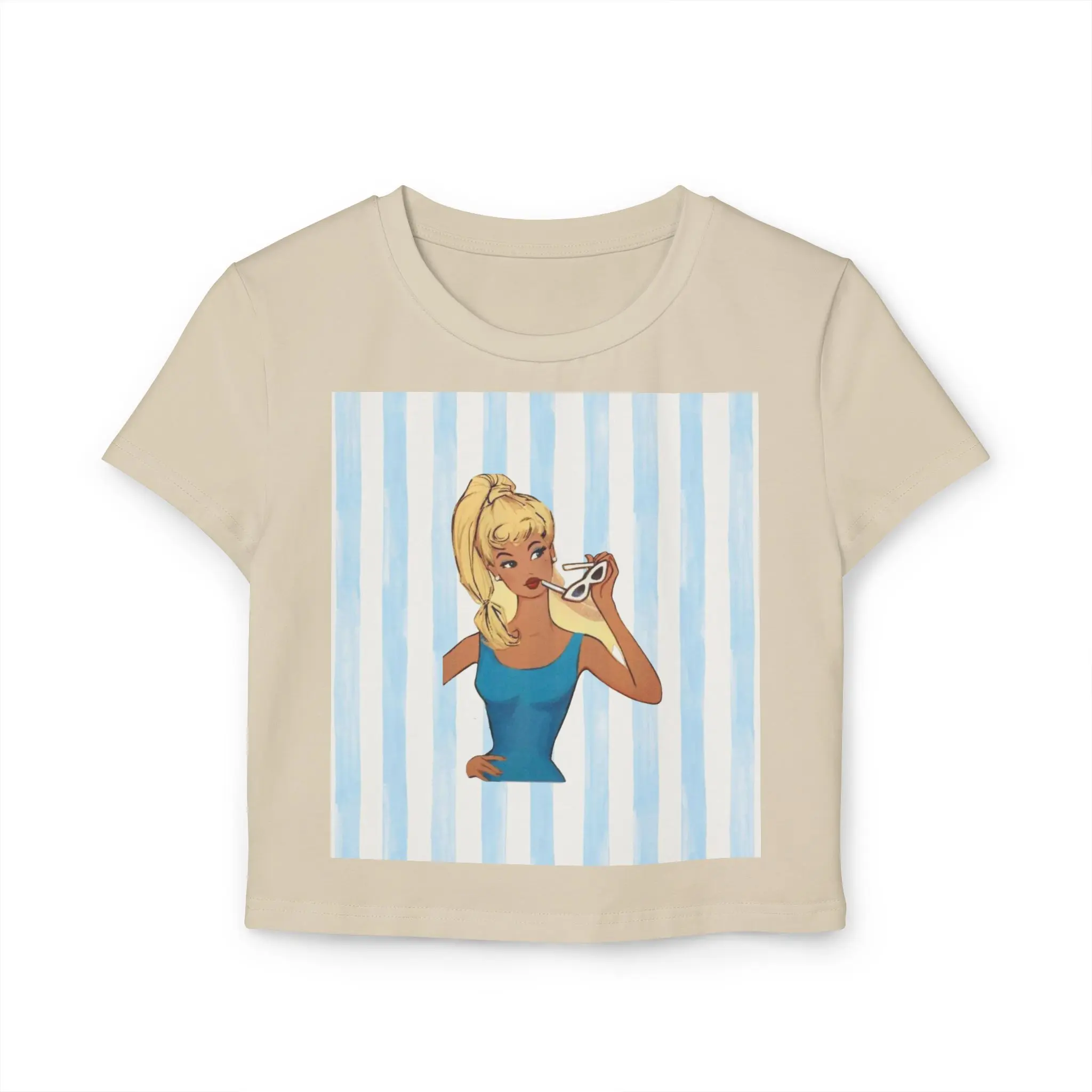 Blonde Girl with Cat-Eye Sunglasses Baby Tee | Retro Barbie Pinup Illustration