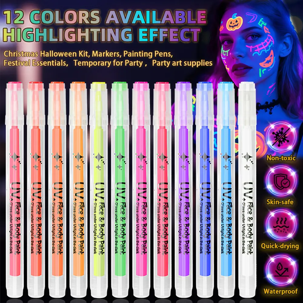 12 Color Glow-In-The-Dark Body Paint Pens, Football Fan Pattern DIY Acrylic Art Pens, Party Creative Graffiti Pens for Daily Use, Art Supplies, Acrylic Paint Markers, Acrylic Painting Pens
