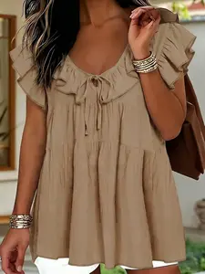 Plus Size Solid Color Ruffled Flutter-Sleeve Blouse Casual Tie-Neck Tiered Hem Loose Fit Top, Y2K Summer Daily Wear, Trendy Chic Bohemian Shirts, Boho Casual, Relaxed Fit Blouses, Womenswear