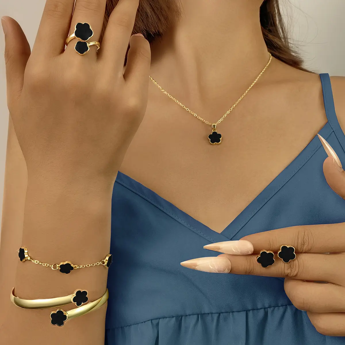 Fashionable Lucky Flower Design Jewelry Set, Gifts for Her, Fashion Necklace & Ring & Bracelet & Earrings for Party, Daily Decor, Casual Matching Dainty Jewelry Set for Women, Trendy All-match & Exquisite Cute Floral Jewelry Set for Gift, Women Gifts