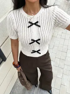 Openwork Knit Short Sleeve Sweater For Women Summer Casual Crew Neck Cropped Top With Bow Decoration Elegant Vintage Hollow Out Knitted Tee For Daily Wear Dating Shopping Streetwear