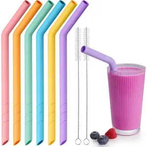 6-Pack Extra Wide Reusable Bent Silicone Straws for Boba, Smoothies, Bubble Tea, Eco-Friendly & Colorful for Thick Drinks, Dishwasher Safe, Customizable Length, with 2 Brushes