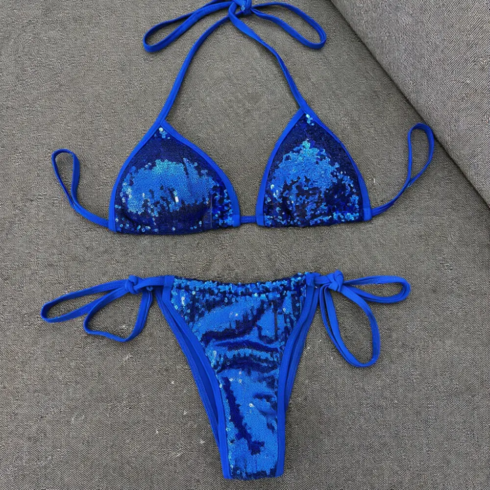 Blue Sequin Triangle Bikini Set for Women, Halter Tie Side Two Piece Swimsuit, 2026 Trendy Sexy Beach Wear