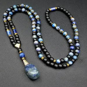 Men'S Adjustable Long Chain Necklace - Black Agate Beaded Jewelry with Lapis Lazuli Pendant, Vintage Style, Unique Christmas Gift for Him