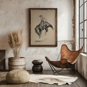 [Sale up to 50%] [Free Ship] Cowboy Riding Bronco Art Print, Vintage Western Home Decor