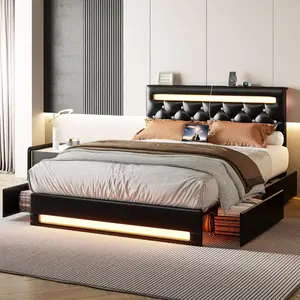 LIKIMIO Bed Frame with LED Lights and 4 Storage Drawers, Upholstered Platform Bed Frame Queen Size with Adjustable Crystal Button PU Leather Headboard, No Box Spring Needed, Black