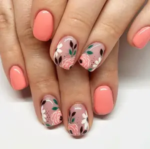 Floral Peach Press On Nails | CurvLife Nail | 24pcs Short Square Fake Nails | Hand-Painted Flower Design | Easy Apply, Comfortable Wear | Daily & Business Nail Art