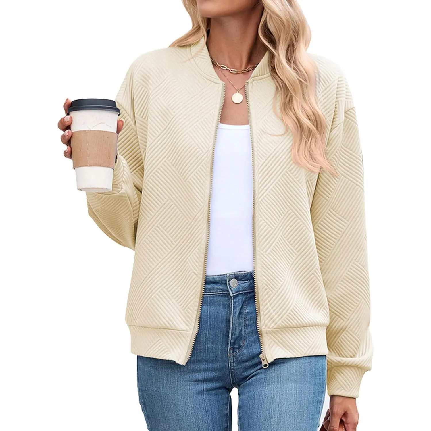 Women's Casual Textured Zip-Up Bomber Jacket - Long-Sleeve Loose-Fit Outerwear with Drop Shoulder, Asymmetrical Button Design, Small Size Option, All-Season Fashion Wear (Check Size Chart)