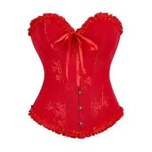 Strapless Overbust Corset Bustier Shapewear with Ruffles And Lace for a Masquerade, Designed to Be Worn Outside, Featuring a Beautiful Back And Front Button Closure for Women. Fabric Floral Adjustable Body Shaper Elegant Knit Poly