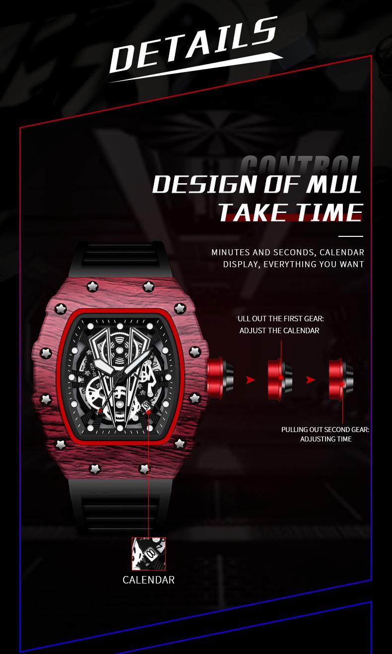 Men's Carbon Fiber Skeleton Tonneau Watch, Black Silicone Band, Sporty Quartz Wristwatch Men's Carbon Fiber Skeleton Tonneau Watch, Black Silicone Band, Sporty Quartz Wristwatch