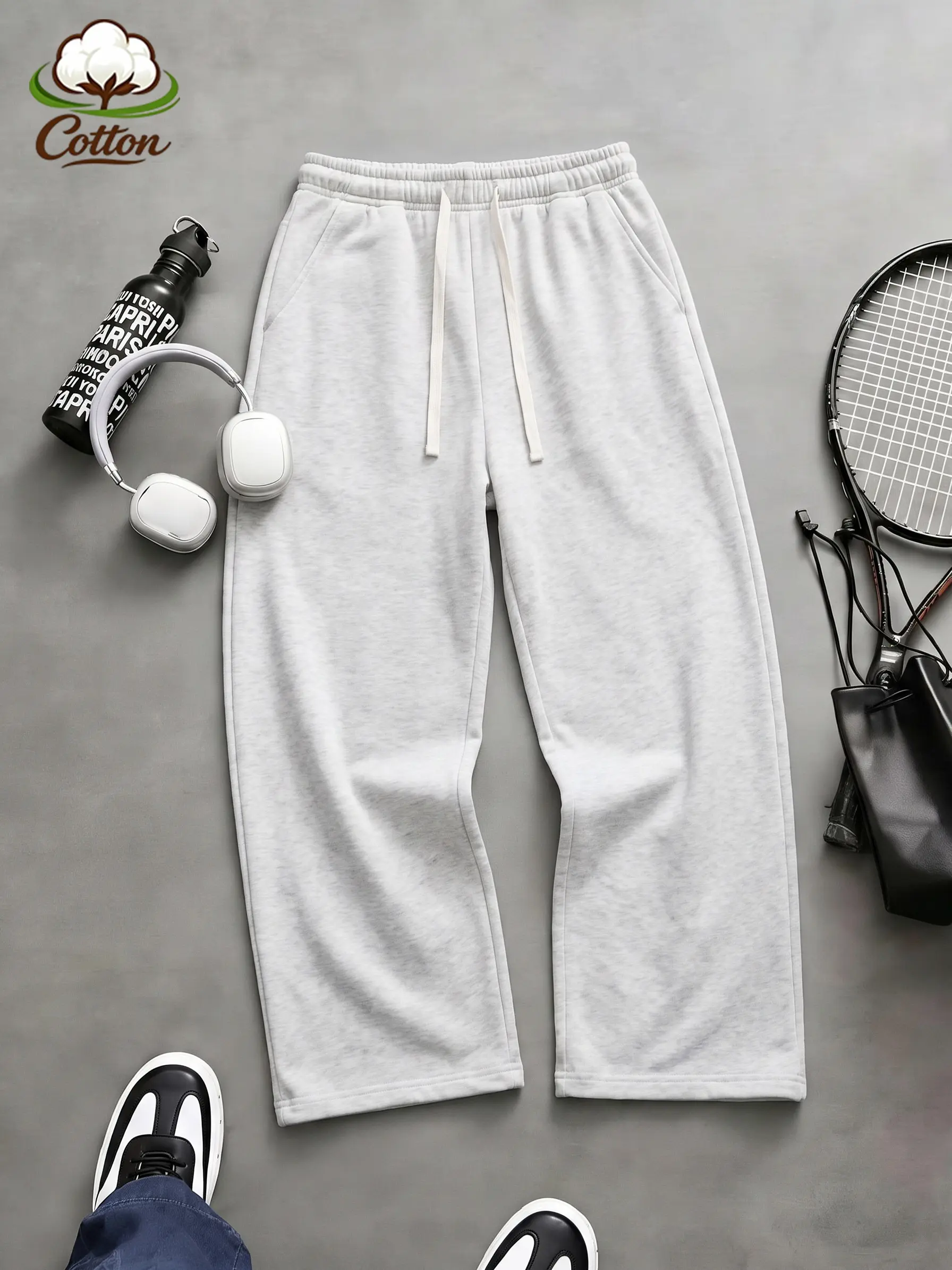 Versatile Men's Lounge Wide Leg Sweatpants, Elastic Drawstring Waist, Contrast Light Cream Drawcords, Soft Cotton Solid Casual Pants