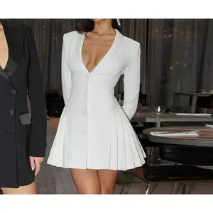 Deep V Blazer Dress Women Pleated Bodycon Autumn Winter Office Elegant Gown S1251