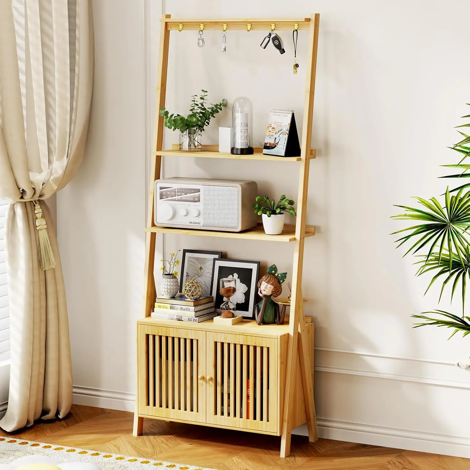 Natural Bamboo 4-Tier Portable Bookcase with Drawers, Ladder Shelf with 6 Hooks, 24.8x10.6x59.5in Tall Narrow Standing Storage Organizer for Living Room, Home Office, Four Tiers