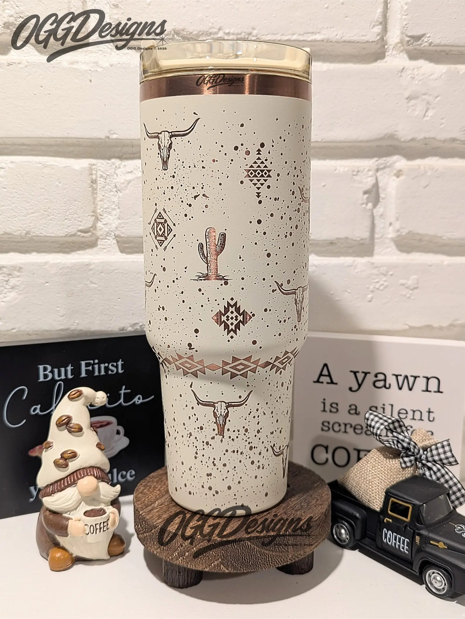 Western Aztec 40oz Tumbler – Desert Cactus & Longhorn Engraved