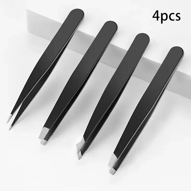 4-Pack Precision Stainless Steel Metal Tweezers Set - Portable, Compact, Precisely Aligned Tips, Reusable for Eyebrow Shaping, Removing Tiny Stray Facial Hairs, Personal Home Beauty Use (Home Supplies, Party Bags & Gifts) with 4 Tip Styles