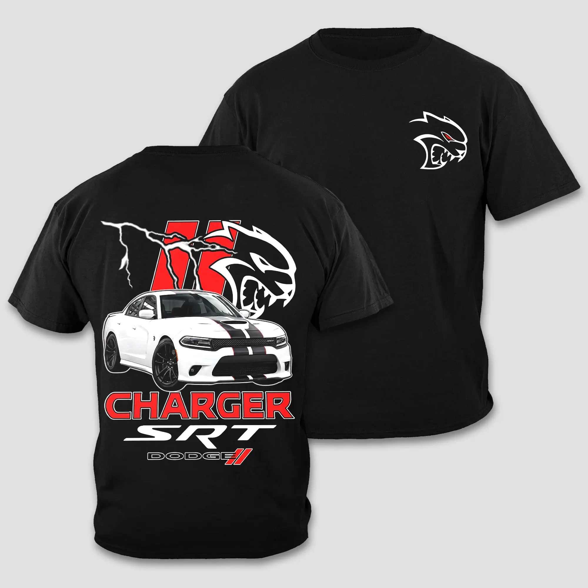 Charger SRT T-Shirt, Classic Hellcat Emblem Front Chest Print, White Muscle Car Graphic Top, Lightning Supercharged V8 Shirt, American Performance Machinery Gear, Street Racing Workwear, Men Women Short Sleeve Black Cotton Apparel Gift For Car Enthusiast
