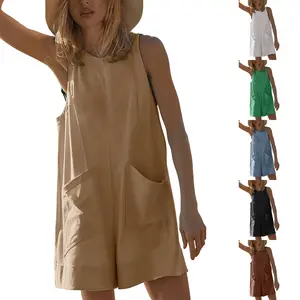 JovenPara Women's Casual Sleeveless Cotton Romper, Stretchy Crew Neck Short Jumpsuit with Pockets for Summer, Watch Party