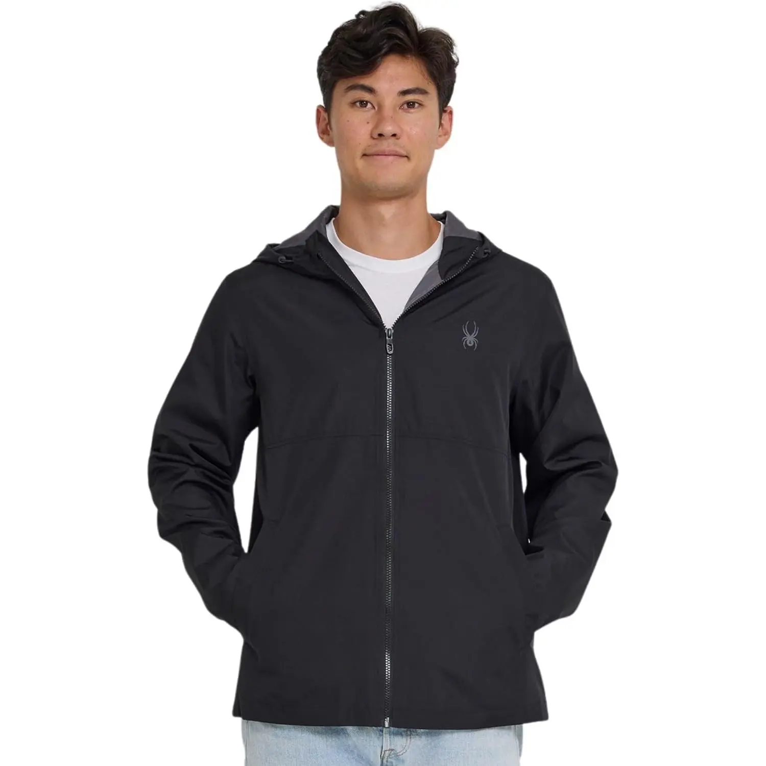 Men's Spyder Packable Solid Athletic Raincoat - Lightweight Hooded Windbreaker Travel Jacket, Water-Resistant Streamlined Zipper Menswear Top, Compact Foldable Pocket, Slim-Fitting for Camping, Hiking Wet Weather Performance