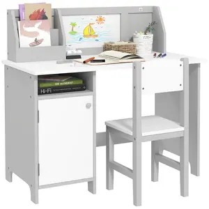 Toddler Table & Chair Set – Gray. Built-in Whiteboard + Large Storage Cabinet + Top Organizer. Chair Supports Good Posture. Easy Clean. Paper-Saving Design