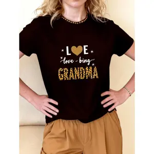 Plus Size Grandma T Shirt with Golden Heart and Leopard Print Text Beautiful Grandmother Gift for Family Celebration