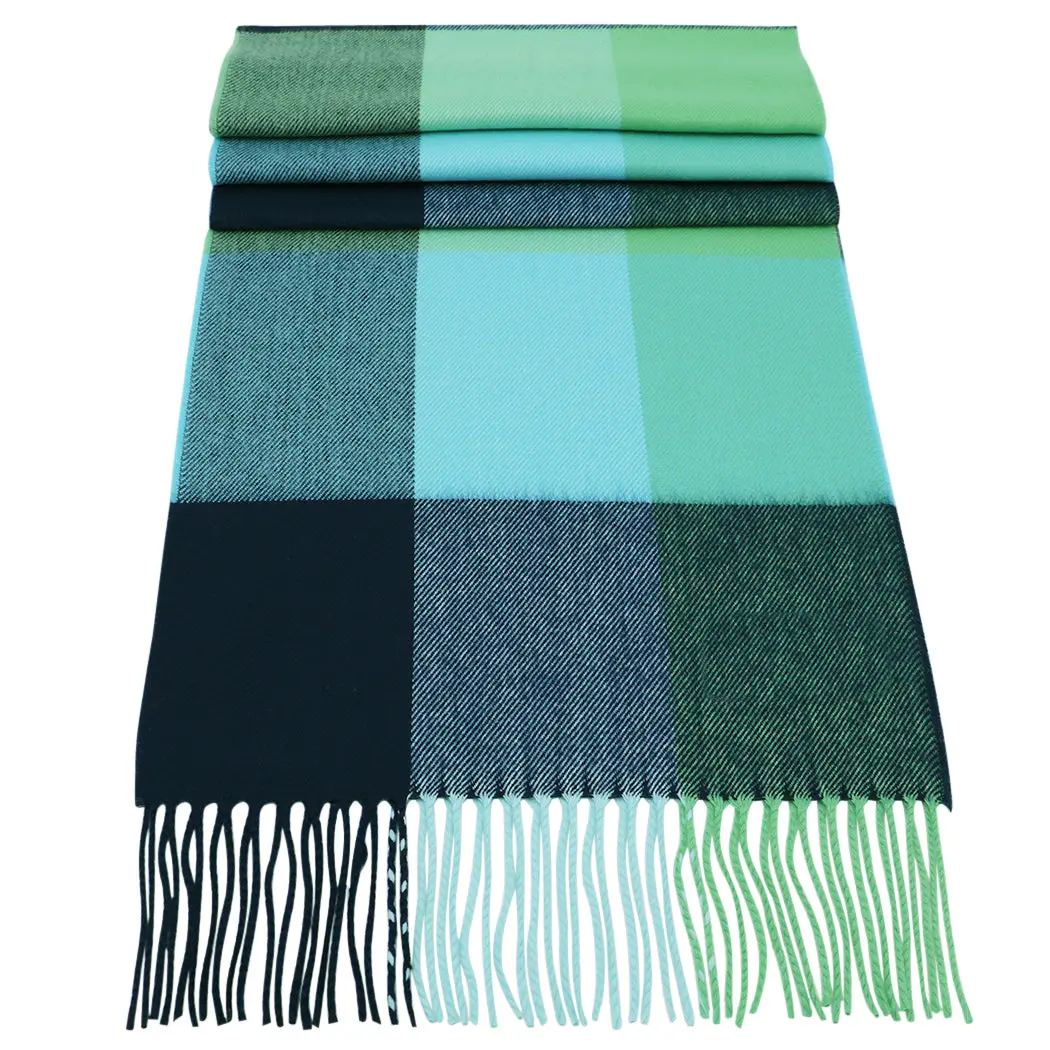 Plaid Winter Scarf for Women in Turquoise, Navy & Green - Soft Acrylic Pashmina Style Shawl, Lightweight & Warm with Fringe, Eco Friendly Gift Box