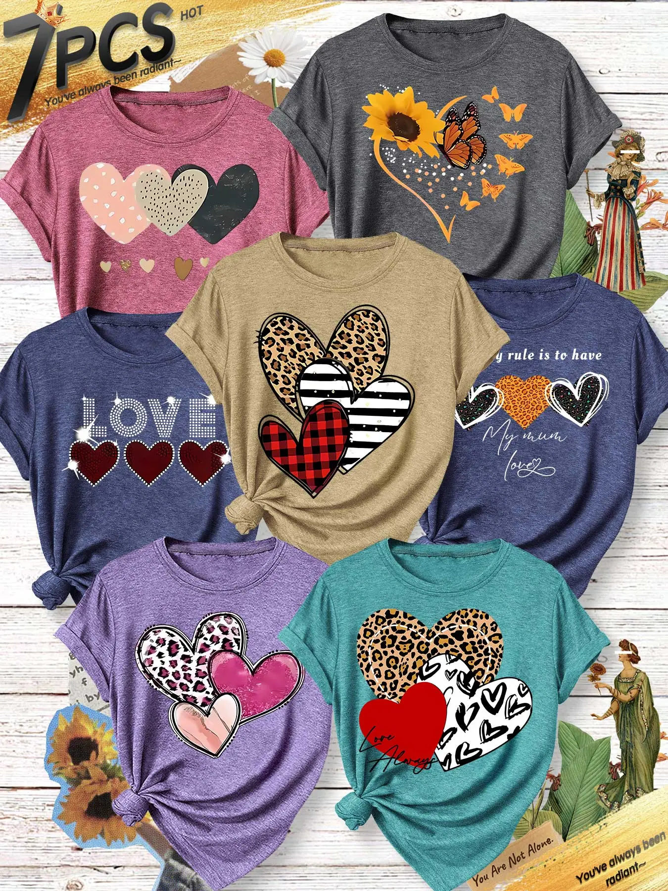 Women's 7-Piece Crew Neck T-Shirt Set, Leopard Print Heart & Sunflower Series Print, Multiple Colors Available, Machine Washable, Casual Spring & Summer Top, Soft Skin-Friendly Fabric, Daily Versatile, Fashion Design, Womenswear