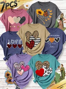 Women's 7-Piece Crew Neck T-Shirt Set, Leopard Print Heart & Sunflower Series Print, Multiple Colors Available, Machine Washable, Spring & Summer Top, Soft Skin-Friendly Fabric, Daily Versatile, Fashion Design